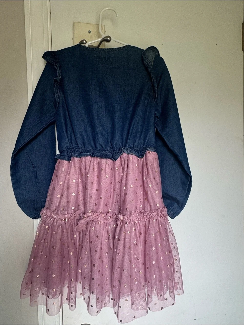 Girls' Navy Denim & Pink Sparkle Tiered Dress